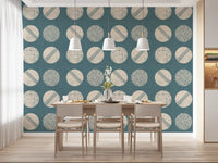 Dusty Teal Cream Circles Wallpaper Mid Century Wallpaper⁠