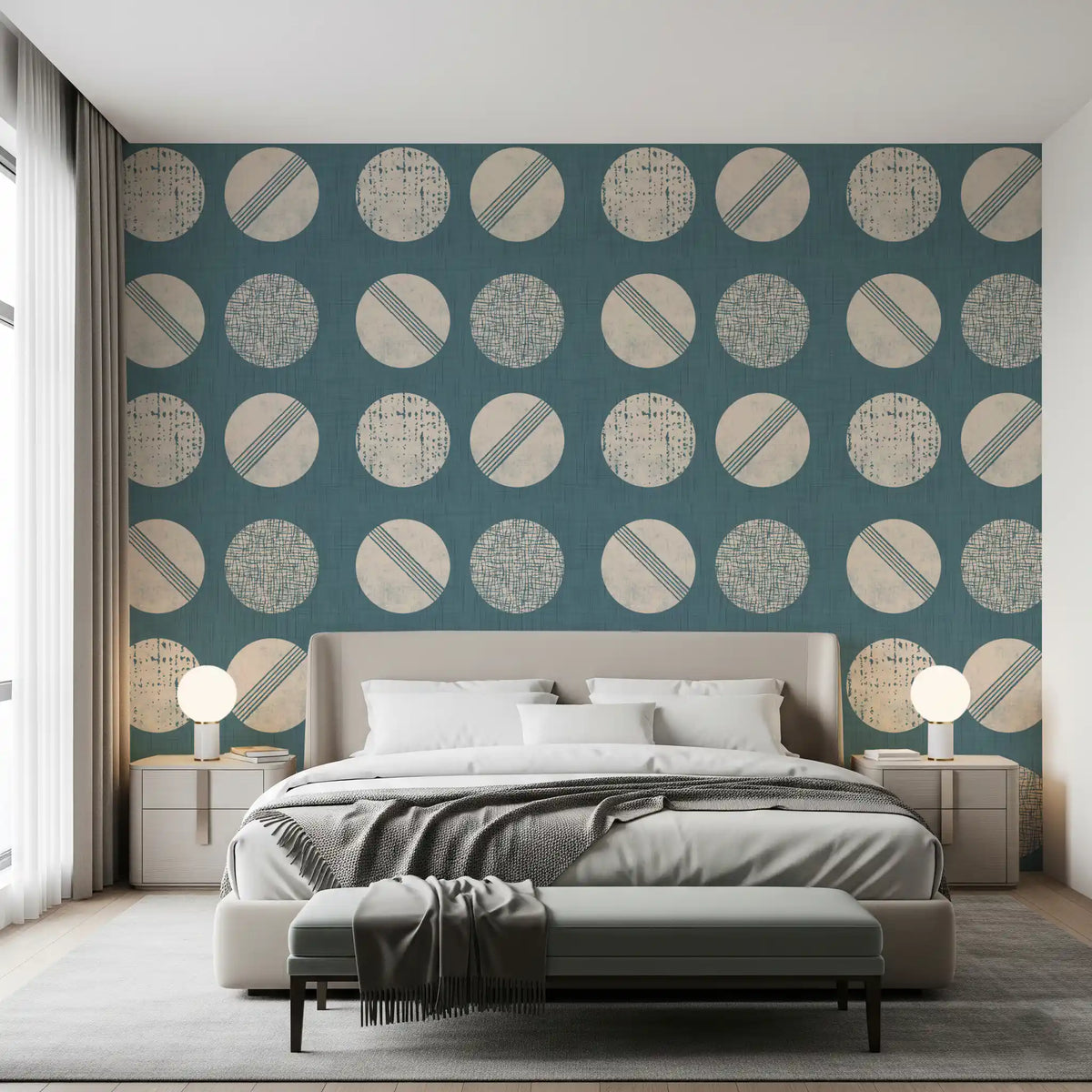 Dusty Teal Cream Circles Wallpaper Mid Century Wallpaper⁠