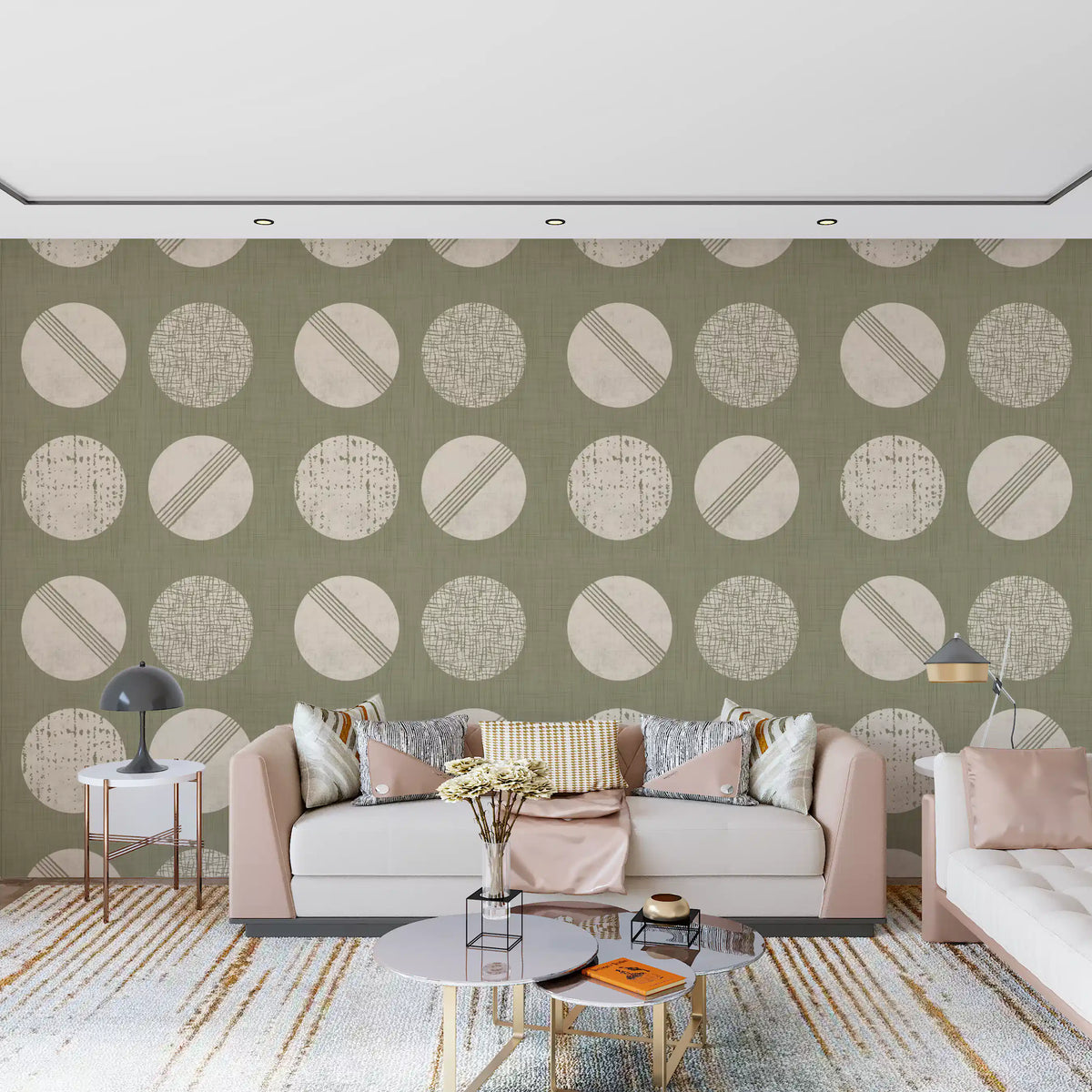 Sage Green Cream Circles Wallpaper Mid Century Wallpaper⁠