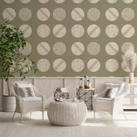 Sage Green Cream Circles Wallpaper Mid Century Wallpaper⁠