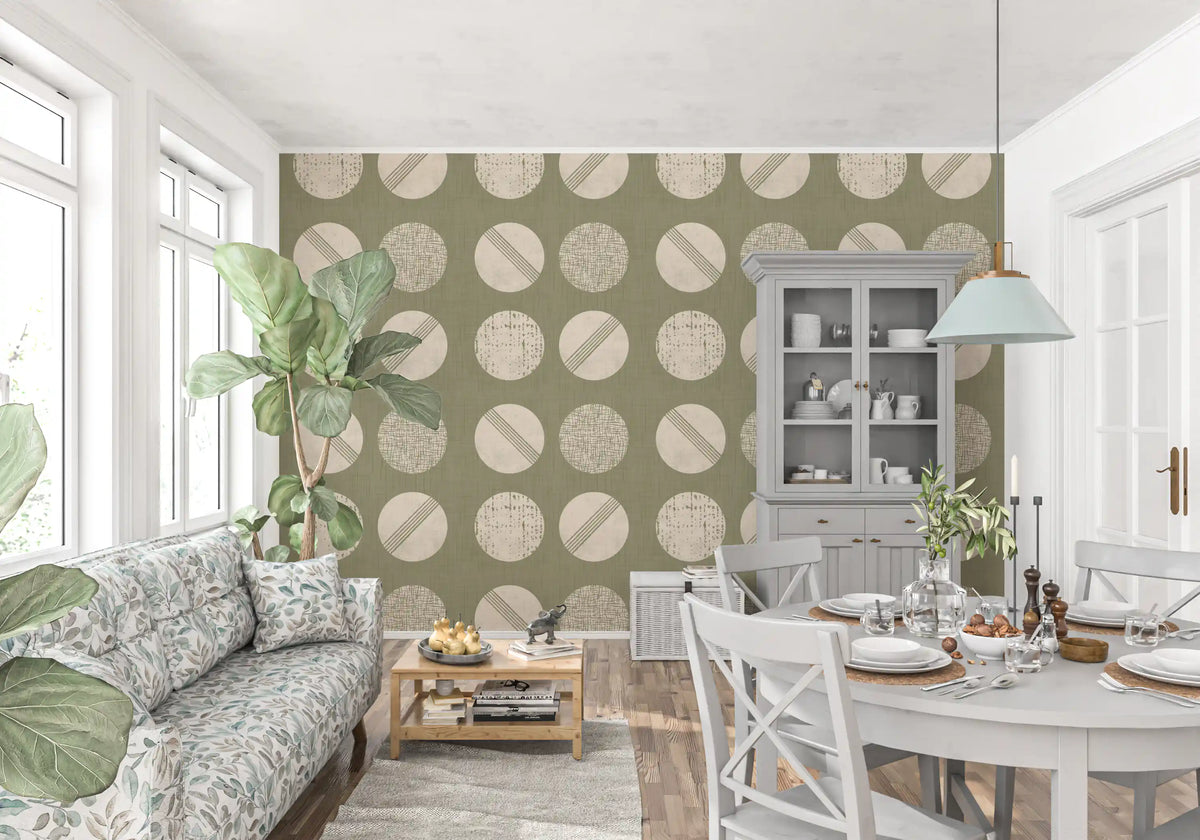 Sage Green Cream Circles Wallpaper Mid Century Wallpaper⁠