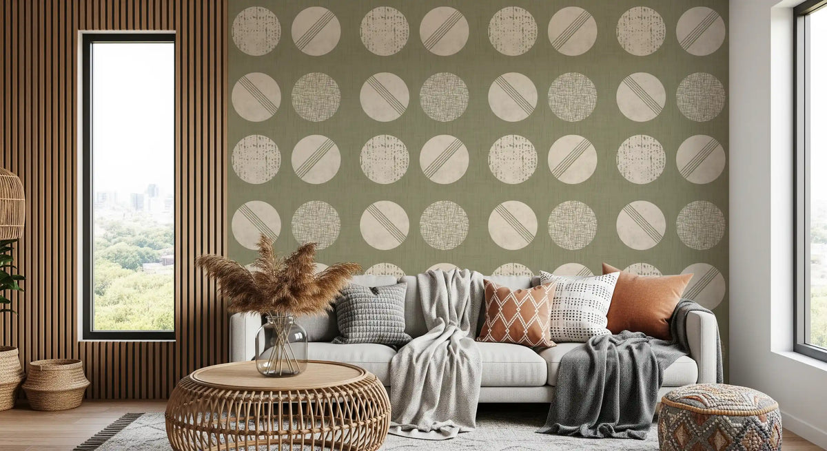 Sage Green Cream Circles Wallpaper Mid Century Wallpaper⁠