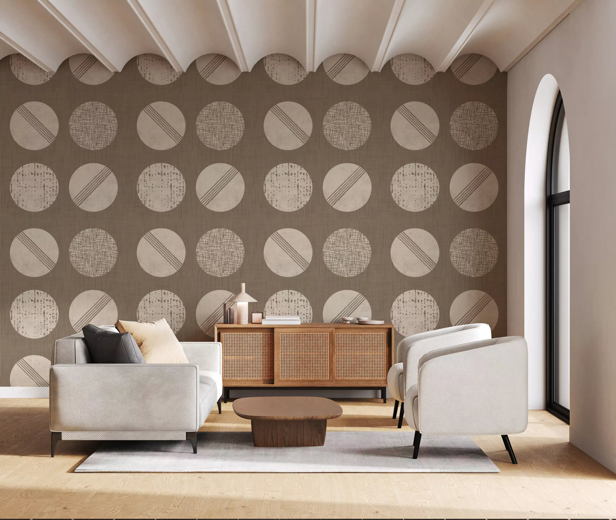 Warm Taupe Cream Circles Wallpaper Mid Century Wallpaper⁠