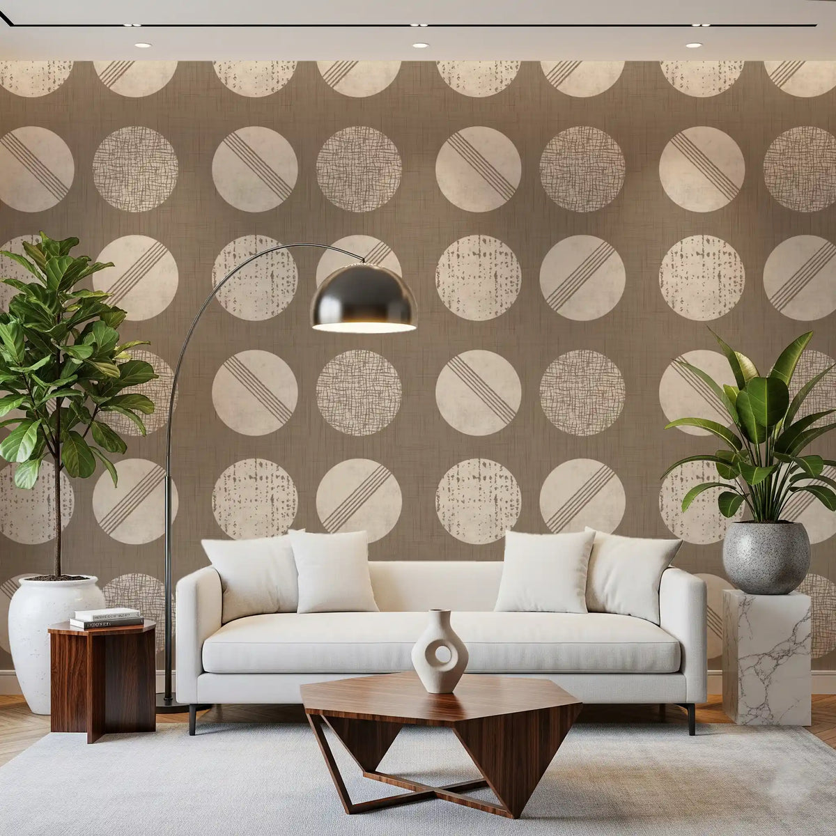 Warm Taupe Cream Circles Wallpaper Mid Century Wallpaper⁠