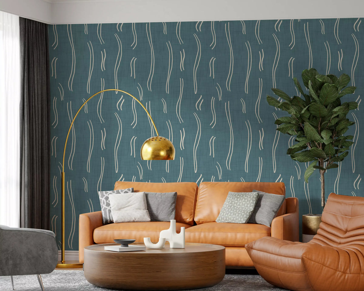 Dusty Teal Wavy Stripe Wallpaper Mid Century Wallpaper⁠
