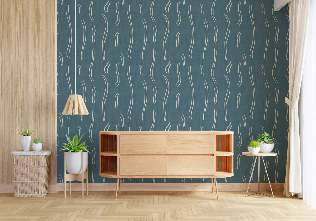 Dusty Teal Wavy Stripe Wallpaper Mid Century Wallpaper⁠