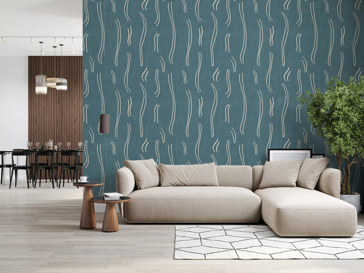 Dusty Teal Wavy Stripe Wallpaper Mid Century Wallpaper⁠
