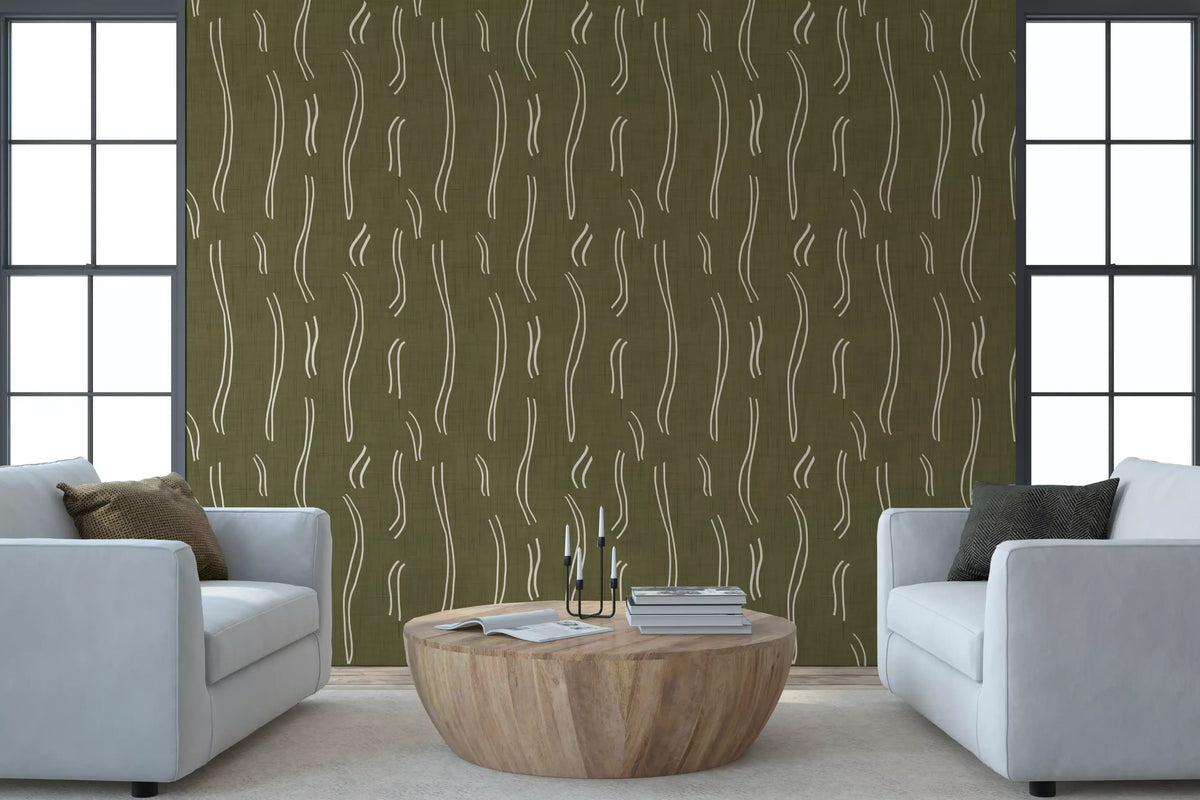 Olive Green Wavy Stripe Wallpaper Mid Century Wallpaper⁠