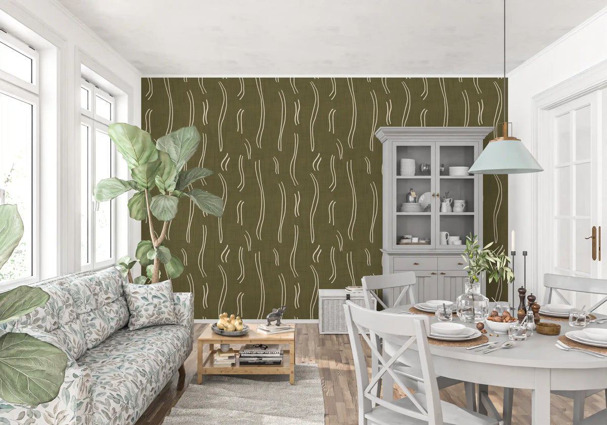 Olive Green Wavy Stripe Wallpaper Mid Century Wallpaper⁠