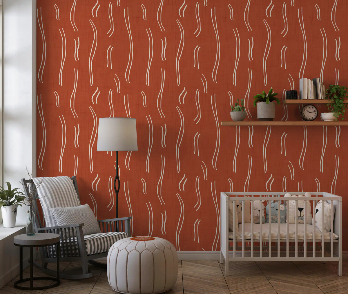 Rust Red Wavy Stripe Wallpaper Mid Century Wallpaper⁠