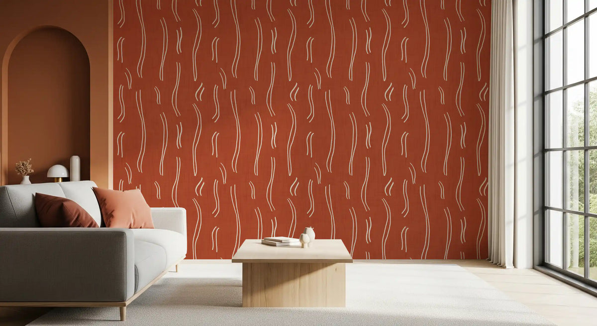 Rust Red Wavy Stripe Wallpaper Mid Century Wallpaper⁠