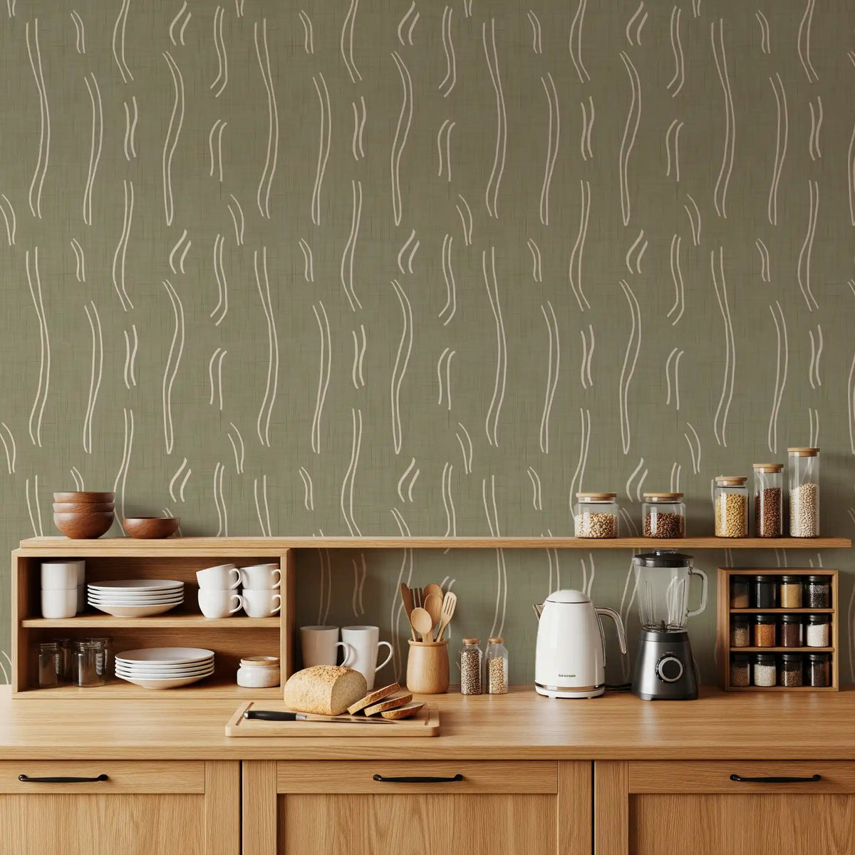 Sage Green Wavy Stripe Wallpaper Mid Century Wallpaper⁠