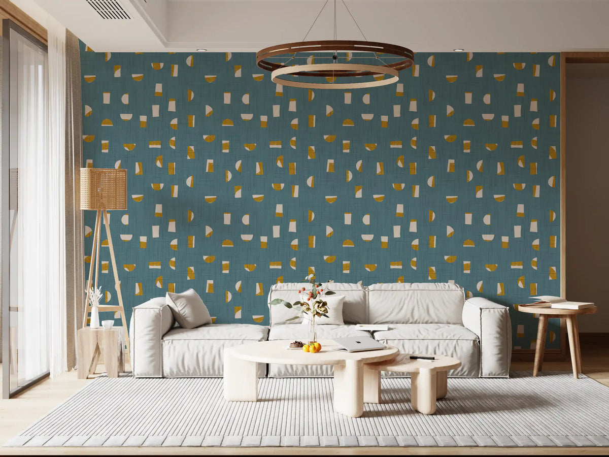 Dusty Teal Abstract Shapes Wallpaper Mid Century Wallpaper⁠