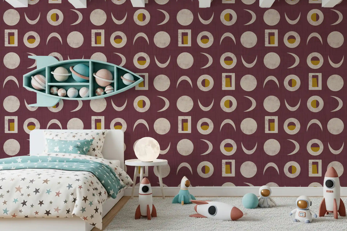 Burgundy Moon Phase Wallpaper Mid Century Wallpaper⁠