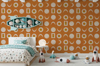 Burnt Orange Moon Phase Wallpaper Mid Century Wallpaper⁠