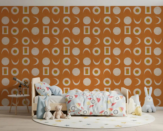 Burnt Orange Moon Phase Wallpaper Mid Century Wallpaper⁠