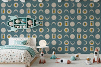 Dusty Teal Moon Phase Wallpaper Mid Century Wallpaper⁠