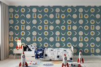 Dusty Teal Moon Phase Wallpaper Mid Century Wallpaper⁠