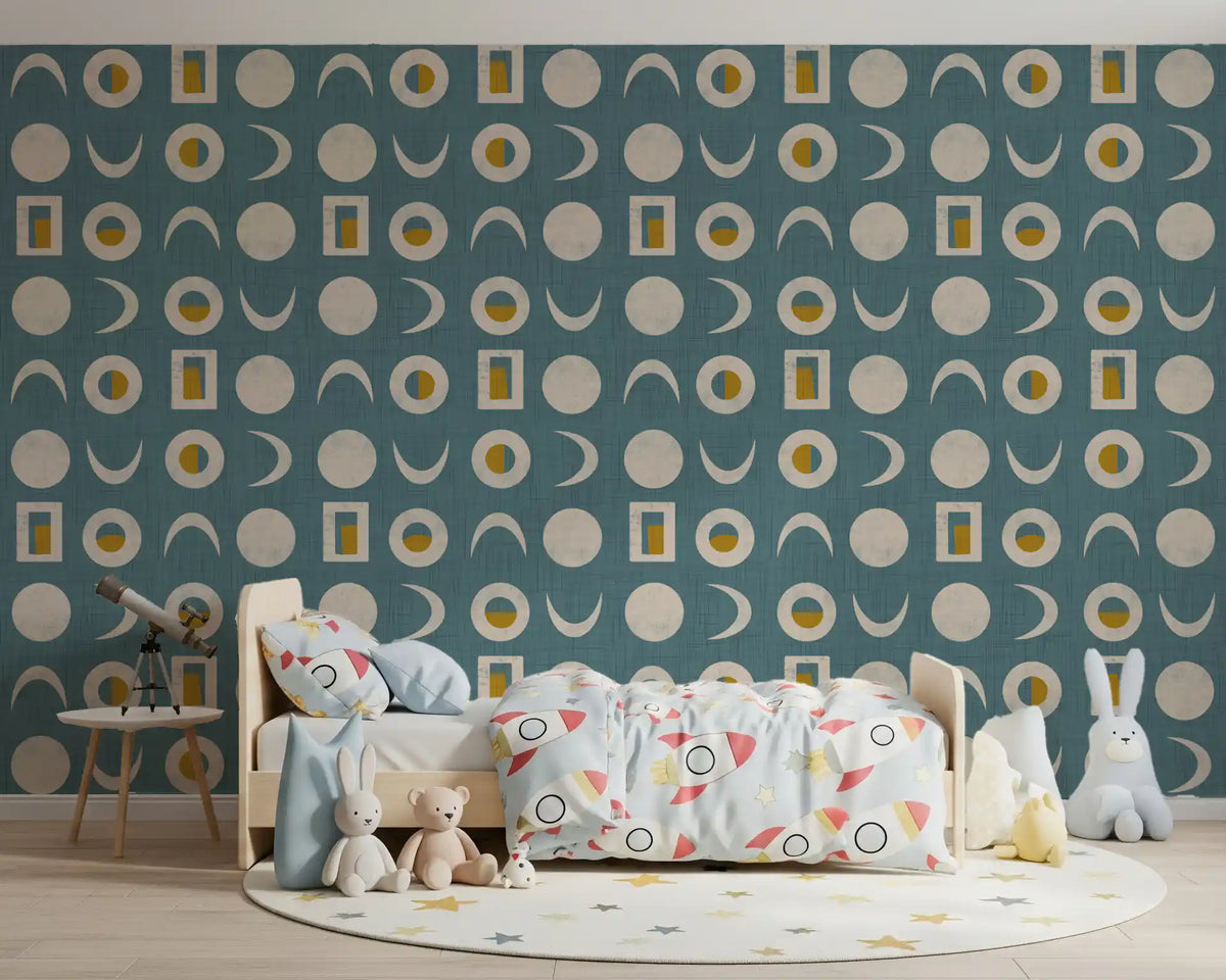 Dusty Teal Moon Phase Wallpaper Mid Century Wallpaper⁠