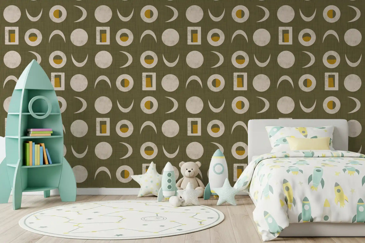Olive Green Moon Phase Wallpaper Mid Century Wallpaper⁠