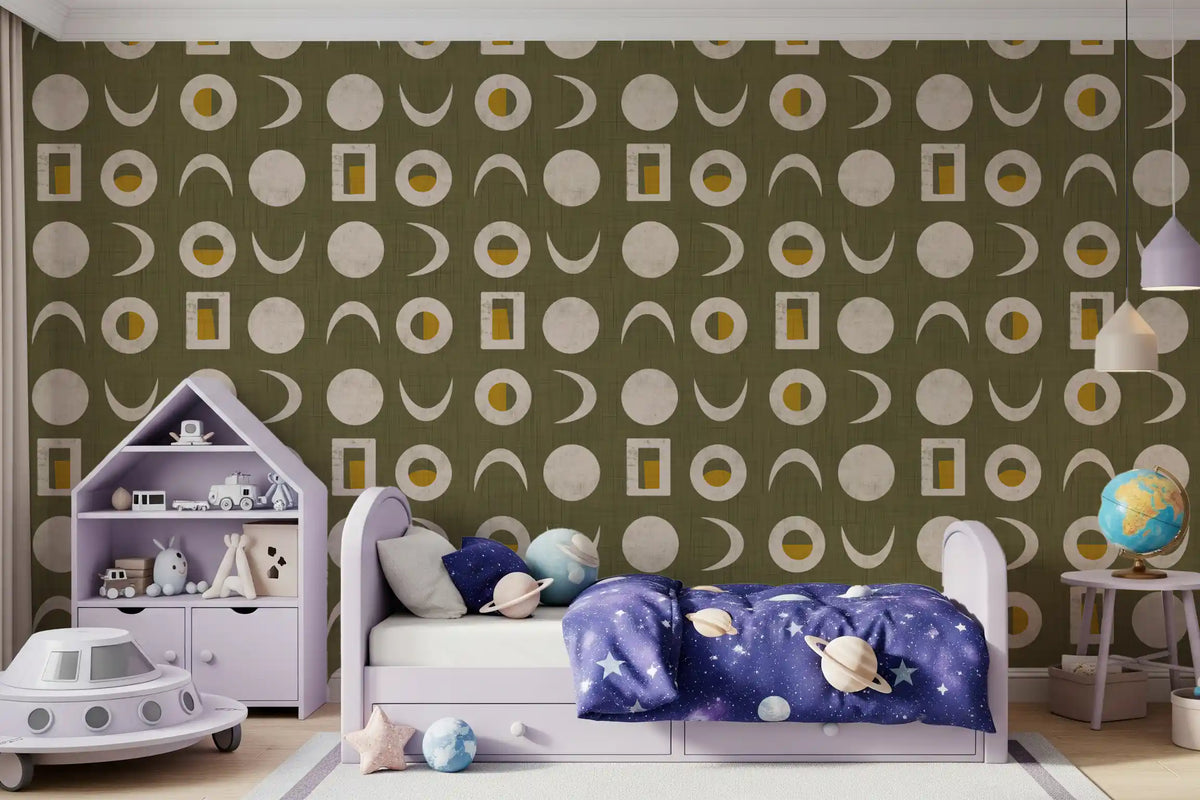 Olive Green Moon Phase Wallpaper Mid Century Wallpaper⁠