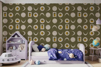 Olive Green Moon Phase Wallpaper Mid Century Wallpaper⁠