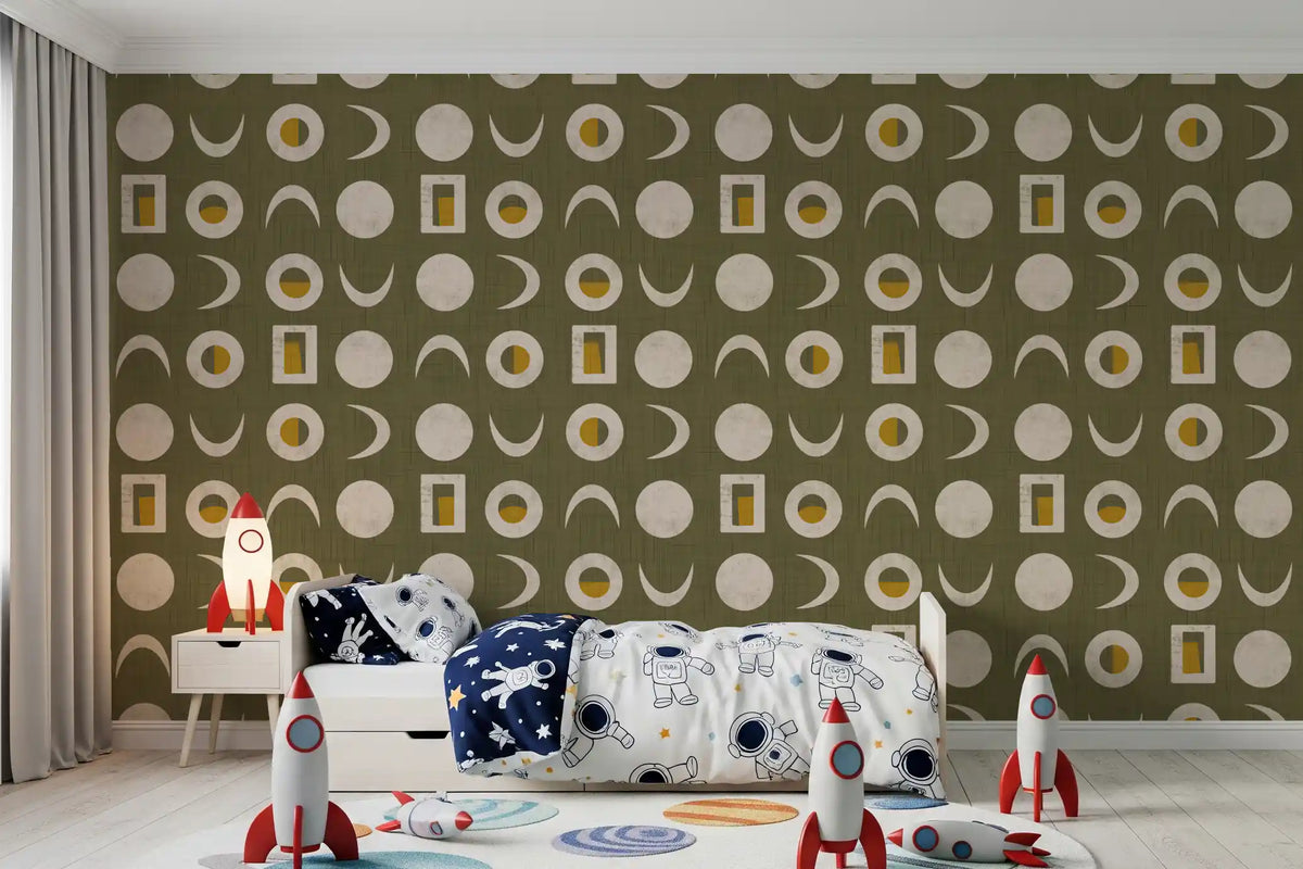 Olive Green Moon Phase Wallpaper Mid Century Wallpaper⁠