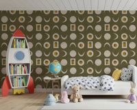 Olive Green Moon Phase Wallpaper Mid Century Wallpaper⁠