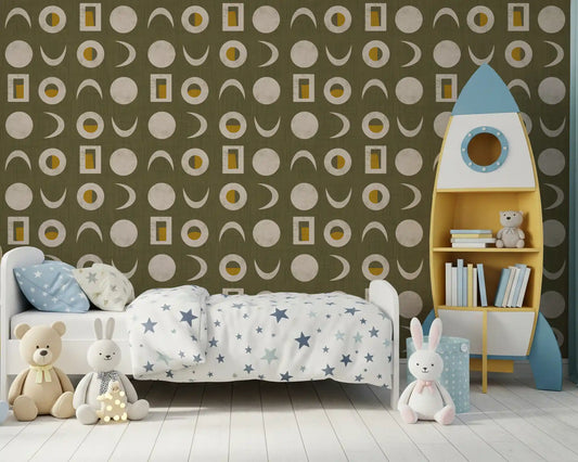 Olive Green Moon Phase Wallpaper Mid Century Wallpaper⁠