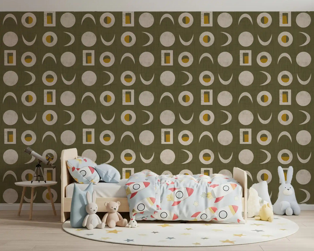 Olive Green Moon Phase Wallpaper Mid Century Wallpaper⁠