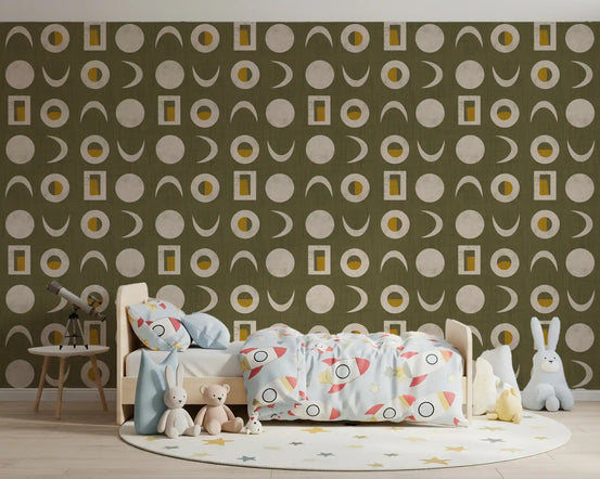 Olive Green Moon Phase Wallpaper Mid Century Wallpaper⁠