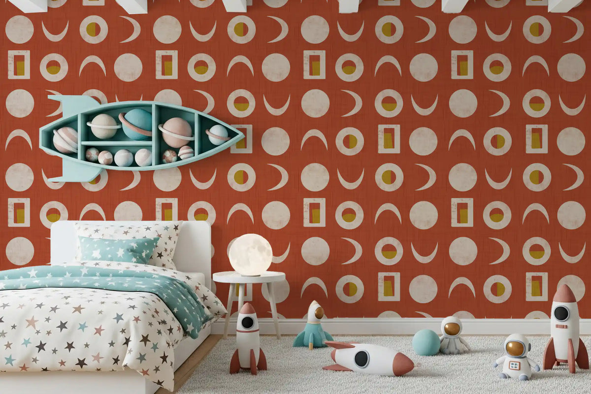 Rust Red Moon Phase Wallpaper Mid Century Wallpaper⁠