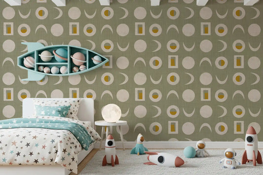 Sage Green Moon Phase Wallpaper Mid Century Wallpaper⁠