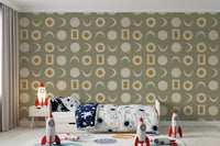 Sage Green Moon Phase Wallpaper Mid Century Wallpaper⁠