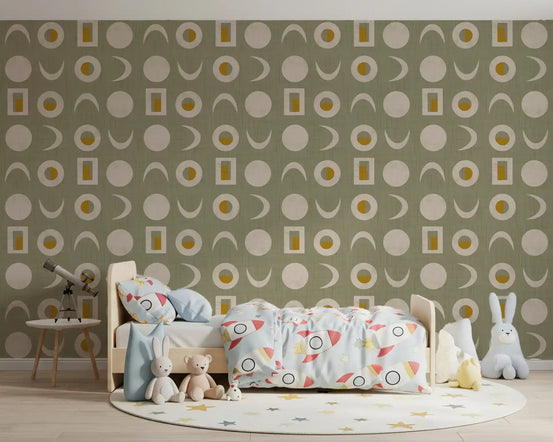 Sage Green Moon Phase Wallpaper Mid Century Wallpaper⁠