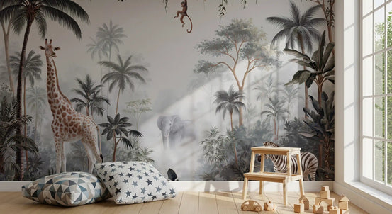 Misty Tropical Safari Wildlife Wall Mural