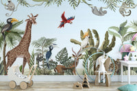 Kids' safari wallpaper mural with lush jungle plants and animals.