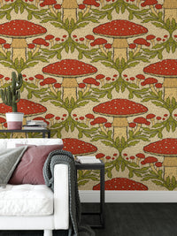 Elegant heritage mushroom red mural for classic, timeless interiors.
