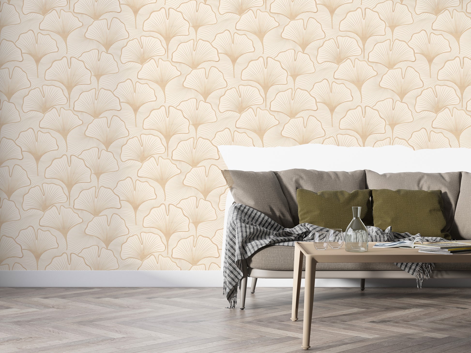 Asian-inspired mural with soft ginkgo leaf motifs

