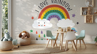 Playful rainbow mural with white clouds
