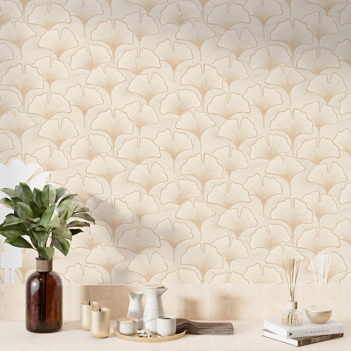 Elegant nature wallpaper in taupe and sage palette

