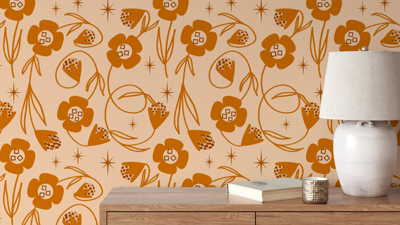 Orange floral wallpaper with peach tones
