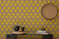 Vintage mural with hex and dot patterns
