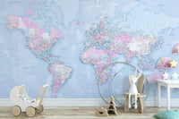 Blue World Map Wallpaper Mural - Giffywalls