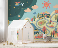 Fun and colorful kids' city wallpaper
