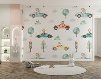 Fun kids' wallpaper with watercolor animal racing theme
