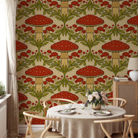 Whimsical heritage mushroom wallpaper in red for a playful vibe.
