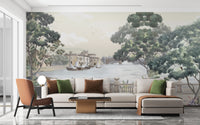 Vintage city wallpaper mural featuring a serene river view