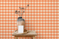 Stylish peach gingham wallpaper for modern farmhouse vibes.
