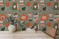 Scandinavian green wallpaper with cups and pots
